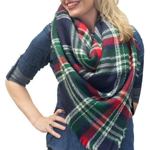 SC - PLAID BLANKET SCARF - NAVY