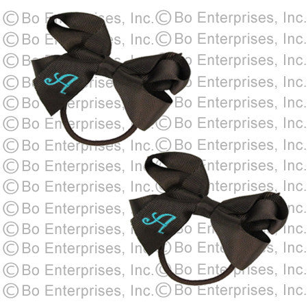 2 Initialed Ponytail Bows Brown  w/ Blue