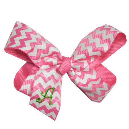 Initialed (Large) Pink Chevron Hair Bow w/ Lime