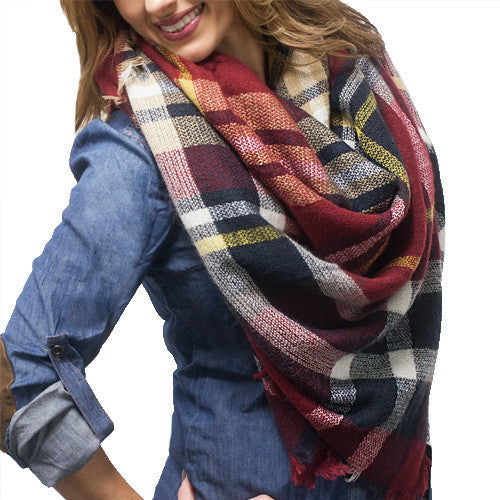 SC - PLAID BLANKET SCARF - RED OR WINE #4