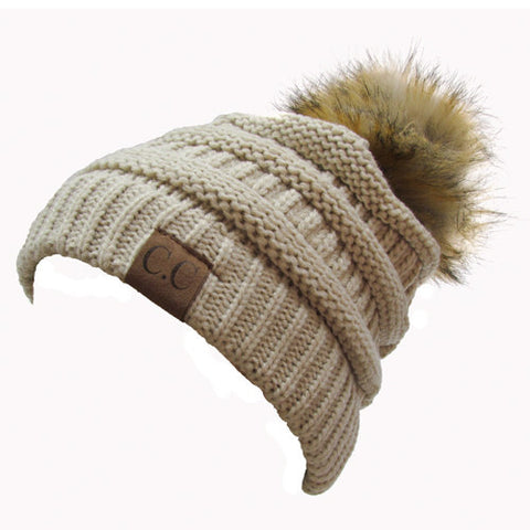 CC-43 BEANIE W/FAUX FUR POM - BEIGE