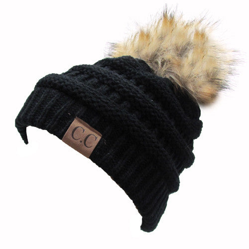 CC-43 BEANIE W/FAUX FUR POM - BLACK