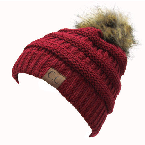 CC-43 BEANIE W/FAUX FUR POM - BURGUNDY