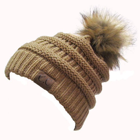 CC-43 BEANIE W/FAUX FUR POM - CAMEL