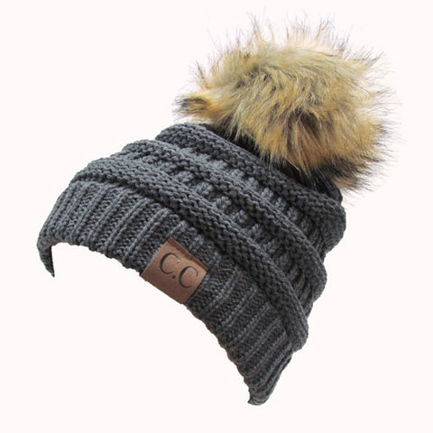 CC-43 BEANIE W/FAUX FUR POM - DARK MELANGE GREY