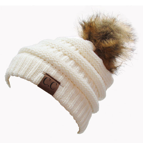 CC-43 BEANIE W/FAUX FUR POM - IVORY