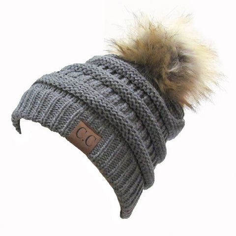 CC-43 BEANIE W/FAUX FUR POM - NATURAL GREY