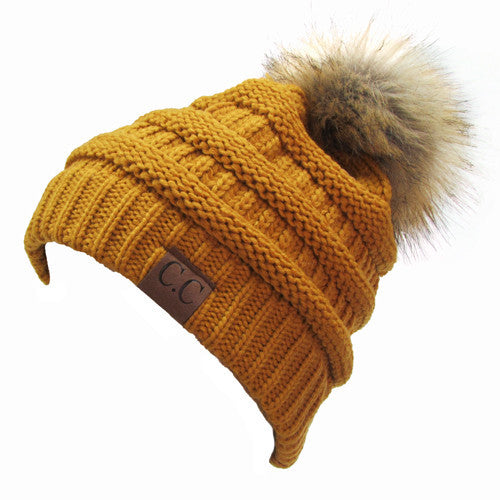 CC-43 BEANIE W/FAUX FUR POM - MUSTARD