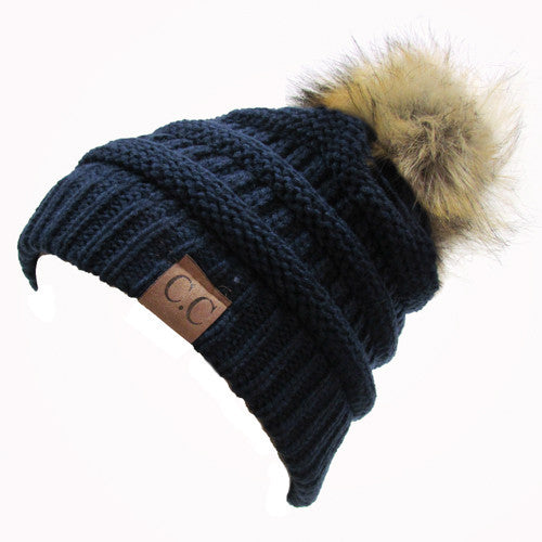 CC-43 BEANIE W/FAUX FUR POM - NAVY