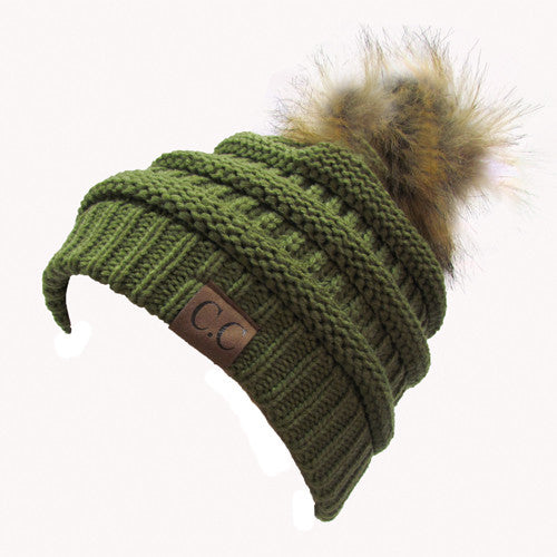 CC-43 BEANIE W/FAUX FUR POM - OLIVE