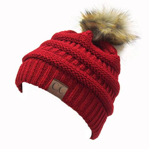 CC-43 BEANIE W/FAUX FUR POM - RED