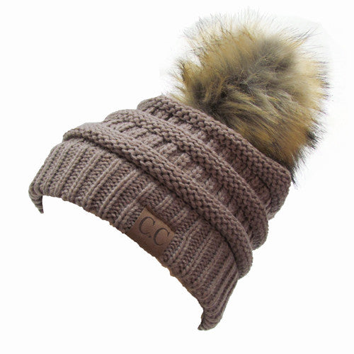 CC-43 BEANIE W/FAUX FUR POM - TAUPE