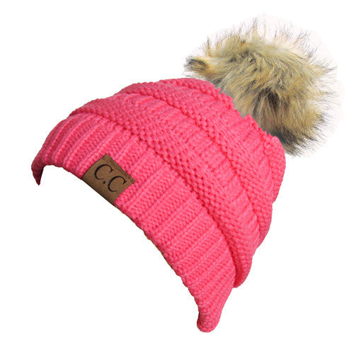 CC-43 BEANIE W/FAUX FUR POM - CANDY PINK