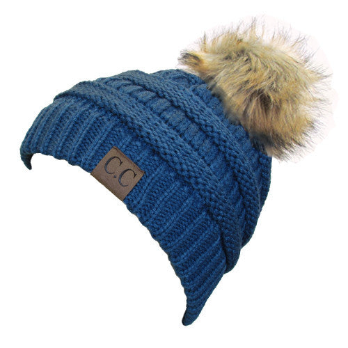 CC-43 BEANIE W/FAUX FUR POM - DARK DENIM