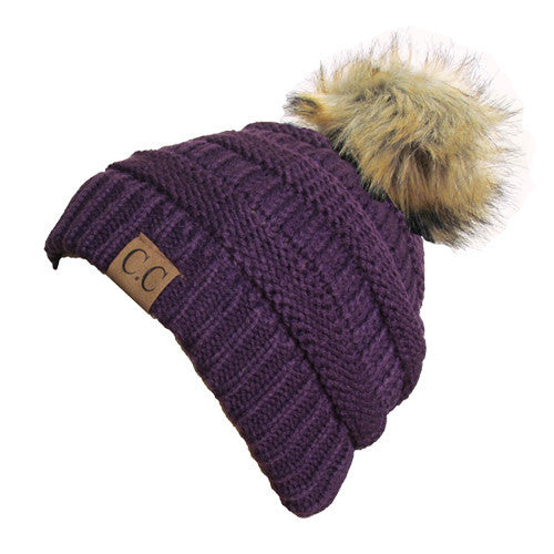 CC-43 BEANIE W/FAUX FUR POM - DARK PURPLE