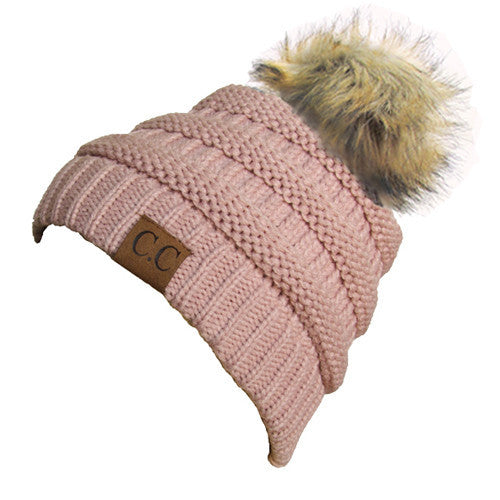 CC-43 BEANIE W/FAUX FUR POM - INDY PINK