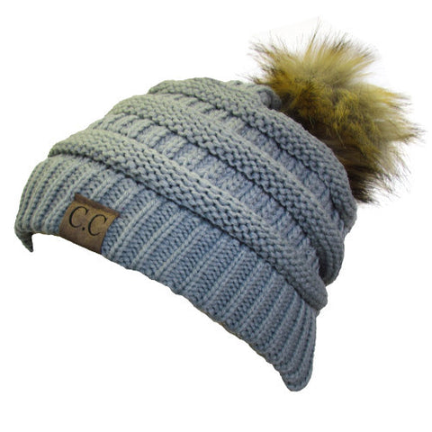 CC-43 BEANIE W/FAUX FUR POM - NATURAL GREY