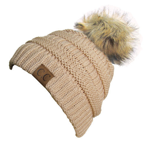 CC-43 BEANIE W/FAUX FUR POM - NEW BEIGE