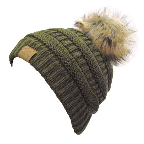 CC-43 BEANIE W/FAUX FUR POM - NEW OLIVE