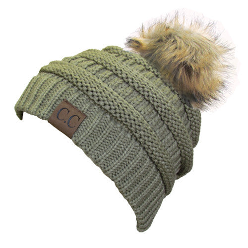 CC-43 BEANIE W/FAUX FUR POM - NEW SAGE