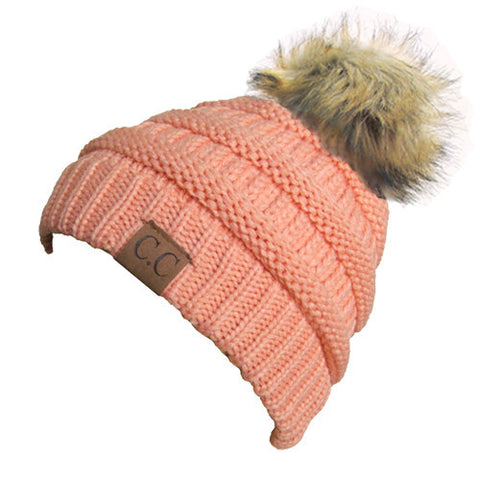 CC-43 BEANIE W/FAUX FUR POM - PEACH