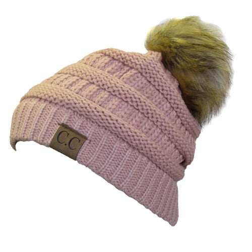 CC-43 BEANIE W/FAUX FUR POM - ROSE