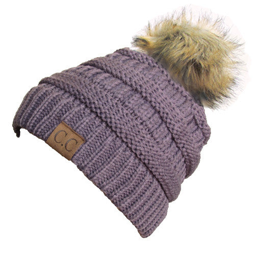 CC-43 BEANIE W/FAUX FUR POM - VIOLET