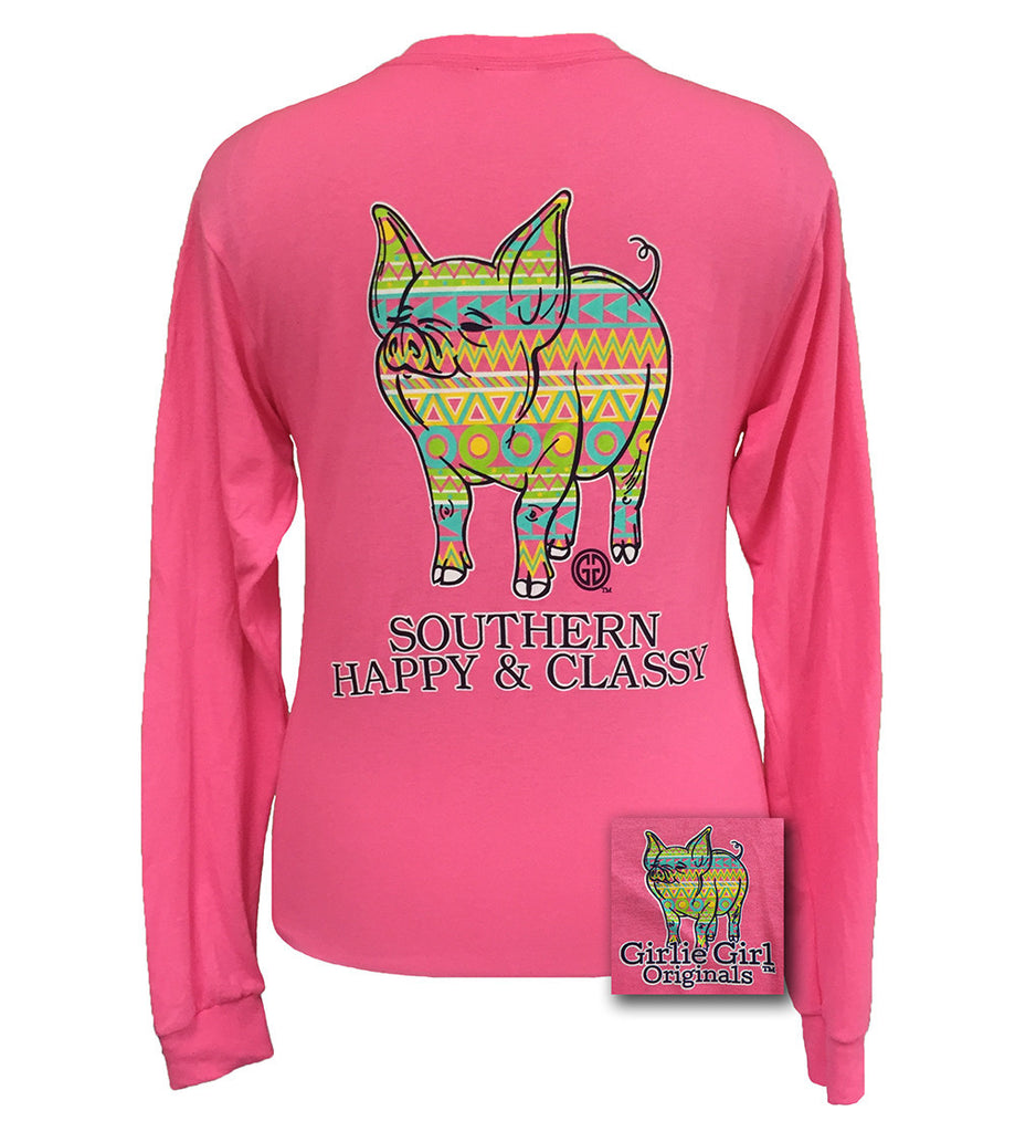 Preppy Pig Aztec Safety Pink Long Sleeve