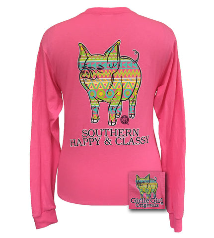 Preppy Pig Aztec Safety Pink Long Sleeve