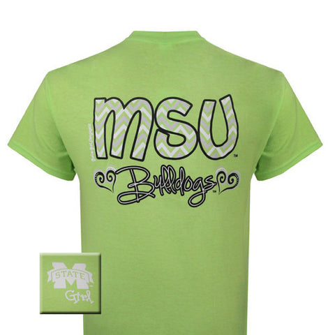 MSU T-Shirt:MSU Chevron Bulldogs Anvil Neon Green (Short Sleeve)