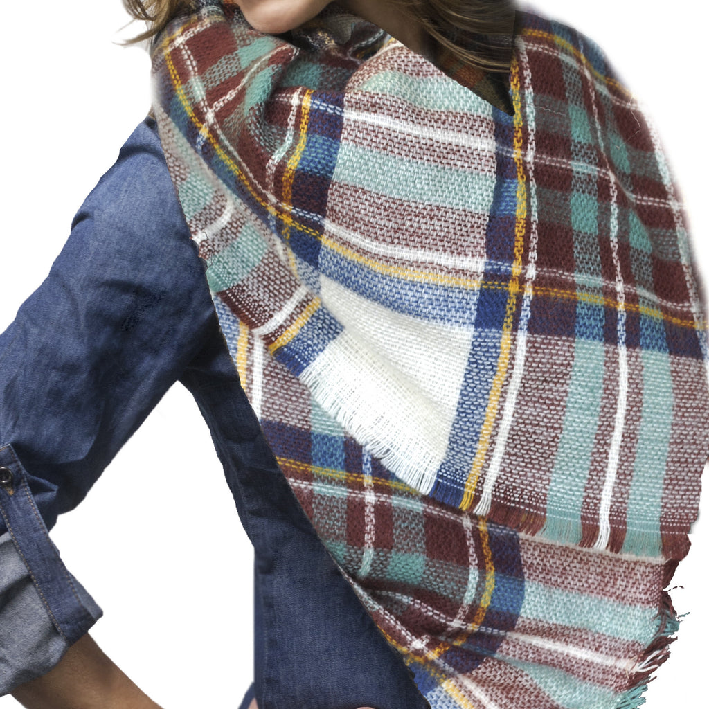 SC-Plaid Blanket Scarf-White