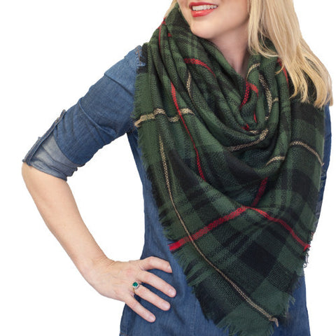 SC - PLAID BLANKET SCARF - OLIVE