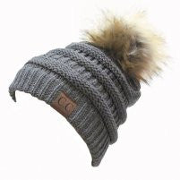 CC-43 BEANIE W/FAUX FUR POM - LIGHT MEL GREY