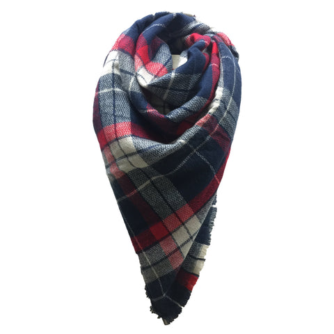 SC - PLAID BLANKET SCARF -NAVY AND RED #20