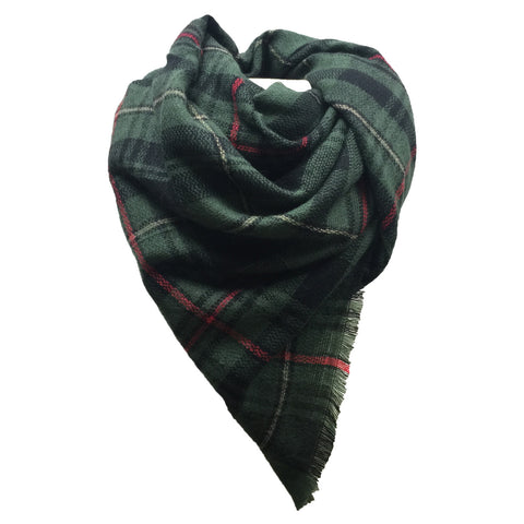 SC - PLAID BLANKET SCARF -OLIVE AND NAVY-#7